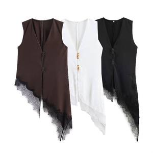 ZEVITY Débardeur asymétrique sexy pour femme, <span class=keywords><strong>col</strong></span> <span class=keywords><strong>en</strong></span> <span class=keywords><strong>V</strong></span>, sans manches, avec ourlet <span class=keywords><strong>en</strong></span> dentelle et fente, couleur unie, style doux, pour l'été - Product Image 1