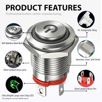 Interrupteur à bouton-poussoir momentané verrouillable en acier inoxydable avec LED de puissance 24V 10A 1NO, étanche certifié IP67 pour contrôle de batterie extérieur