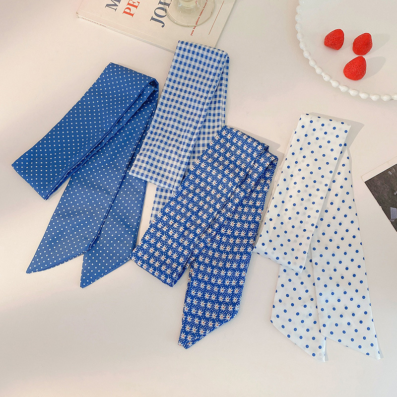 Новейшие аксессуары для волос, синяя резинка для волос в горошек, французский шелковый шарф, лента для волос для девочек
