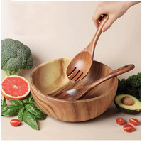 Offre Spéciale : Ensemble de 3 Bols Japonais en Bois d'Acacia – Bols à Nouilles, Fruits, Soupe et Salade avec Fourchettes et Cuillères