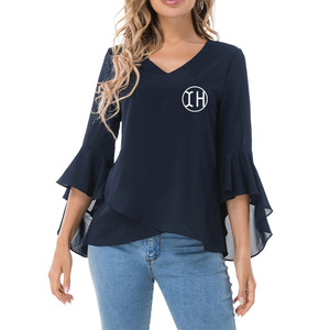Blusa de gasa de verano de diseñador para mujer, blusas holgadas de Color sólido, manga 3/4, cuello en V, Jersey plisado, camisas con patrón estampado - Product Image 4