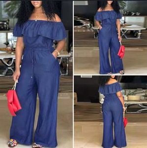 Combinaison Jean Ample Été Grande Taille Style Tendance à Bord Volanté, Col Bateau et Manches Courtes pour <span class=keywords><strong>Femme</strong></span> - Product Image 1