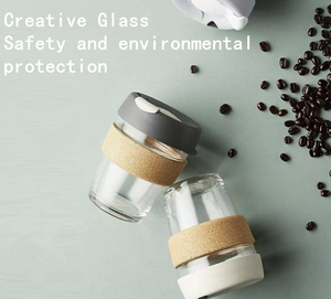 Tasse à café en verre de 340ml 450ml, réutilisable et résistante à la chaleur, avec couvercle en silicone, gobelets à bande en liège pour les voyages en plein air - Product Image 5