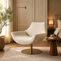 Fauteuil pivotant en tissu bouclé crème, fauteuil rond avec base en disque bronze, fauteuil d'appoint moderne minimaliste pour chambre à coucher