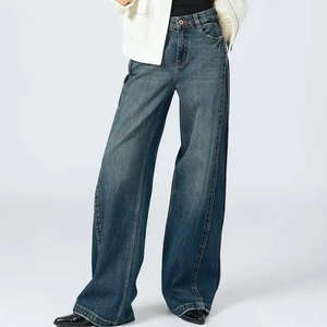 OEM loed High Rise <span class=keywords><strong>larghi</strong></span> <span class=keywords><strong>Jeans</strong></span> <span class=keywords><strong>larghi</strong></span> da mamma da donna blu scuro con bottone con rivetto ricamato lungo drappeggio Casual in vita da lavare con scimmia - Product Image 1