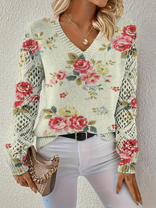 Vintage bloementrui voor dames, crèmewitte rozenprint, gebreide V-hals, gehaakte mouw, ontspannen trui, romantisch lente-herfst chic - Product Image 3
