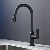 Keran Dapur Modern Matte Black Tarik-Naik dengan Katup Keramik, Pemasangan Satu Lubang, Mixer Air Panas/Dingin, dan Sprayer untuk Dapur