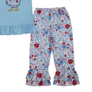 Ensemble fille brodé motif poussin bleu, manches courtes, pantalon floral en soie, vêtements pour tout-petits, boutique, vente en gros, haute qualité, nouvelle arrivée - Product Image 3