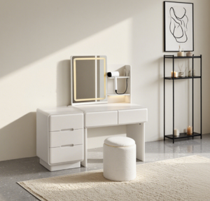 Meja rias berlampu LED dengan pemegang pengering rambut 5 laci meja rias putih Modern untuk kamar tidur dengan bangku bulat - Product Image 1