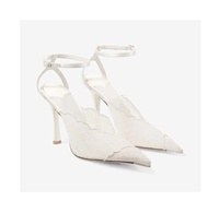 Escarpins de mariage sexy en dentelle blanche, talons aiguilles de 100 mm, en cuir véritable, sandales à lanières avec bride cheville, scintillantes, pour bal de promo, couleur ivoire