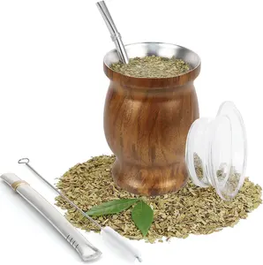 8Oz Yerba Mate Gourd Tea Cup And Bombilla Set Printing Stainless Steel Double-Wall Teacup Set Traditional Mate Cup with Straw