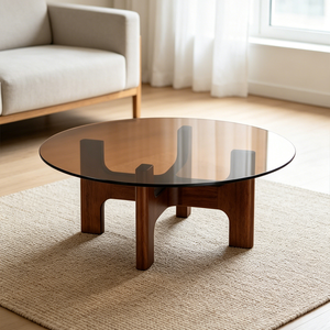 <span class=keywords><strong>Tavolino</strong></span> da Caffè Rotondo in Noce Nero Americano con Piano in <span class=keywords><strong>Vetro</strong></span> Fumé, Arredamento Moderno Mid-Century per Soggiorno - Product Image 5