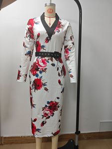 MBH2013 Robes de bureau pour femmes <span class=keywords><strong>Robe</strong></span> <span class=keywords><strong>moulante</strong></span> à manches longues col en V avec impression numérique Robes décontractées pour femmes avec ceinture libre - Product Image 6