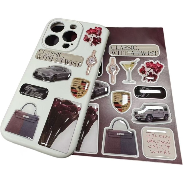 VLuxury Aesthetic 3D Epoxy Stickers for Phone Case - Classic Twist Style Resin Decals with Car Logo & Orchid for DIY Decor