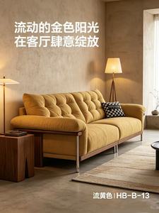 Premium Mustard Yellow Tufted Fabric 3-Seater <b>Sofa</b> With Walnut & Metal Frame For Living Room - Product Image 4