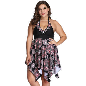 Traje de baño de talla grande para mujer, conjunto de dos piezas con cuello halter y corte en A, cintura elástica, estampado floral, vestido de playa, traje de baño de talla grande - Product Image 4