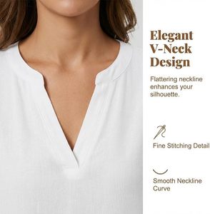 Blusas Femininas de Algodão e Linho Sólido, Casuais, com Manga Curta, Decote em V, Camisa Solta e Respirável para o Verão - Product Image 5