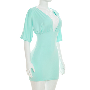 Viviblook C26DS218 Vestidos de Verano para Mujer, Nuevo Vestido Ajustado de Color Sólido con Cuello en V y Pliegues para Damas - Product Image 2
