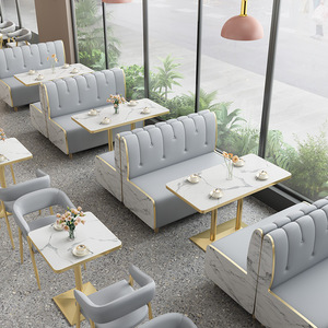 Canapé 2 places en cuir moderne pour restaurant, table à manger, ensemble de chaises, tabourets de table muraux pour café, thé au lait - Product Image 2