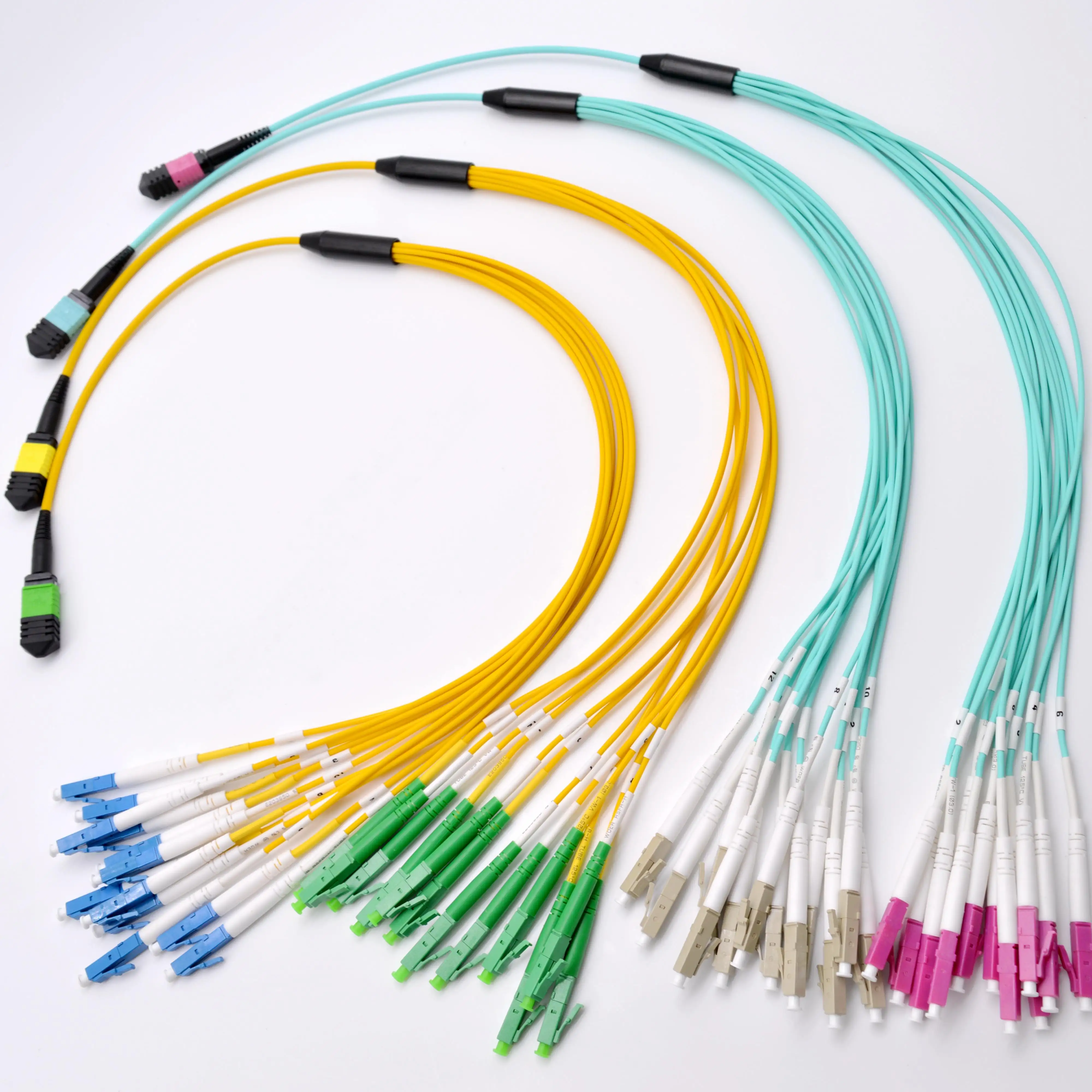 Fanout kabel MPO-4LC MPO 4xLC, rakitan kabel 8 konektor MPO LC kabel Patch serat optik
