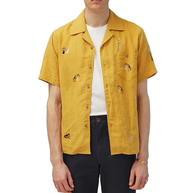 Wholesale Custom Button Up Short Sleeve Hemp Shirt Embroidered Button Down Linen Shirts Mens