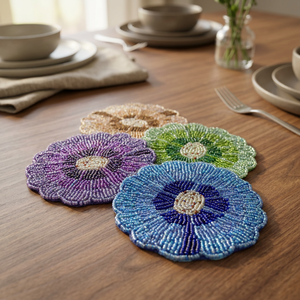 Handmade Beaded Flower <b>Coaster</b> Set, Colorful Seed Bead Floral <b>Drink</b> <b>Coasters</b> for Table Decor, Dining & Home Accessories - Product Image 3