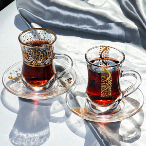 Золотая кофейная чашка в турецком стиле с индивидуальным дизайном, классическая стеклянная чашка для послеобеденного чая и свадебного торжества с блюдцем в комплекте - Product Image 1