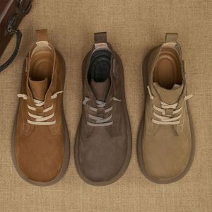 Chaussures de marche en cuir véritable pour hommes, bottes courtes à lacets en cuir grainé vintage, chaussures décontractées à semelle épaisse légère pour l'extérieur - Product Image 3