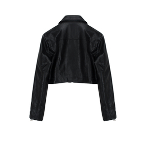 <span class=keywords><strong>Petite</strong></span> veste de motard courte <span class=keywords><strong>pour</strong></span> <span class=keywords><strong>femme</strong></span> en cuir PU vieilli Double fermeture éclair Style <span class=keywords><strong>moto</strong></span> automne noir veste de banlieue polyvalente - Product Image 2