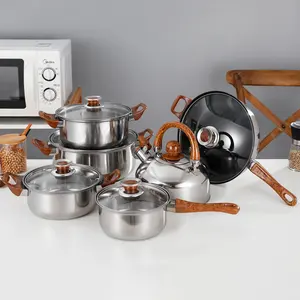 2023 Hot sale Cheap, Kitchen 12pcs Stainless Steel Cooking Pot Portable Health Cookware Sets With Removable Wooden Handle/