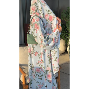 Cardigan en mousseline de soie léger et doux avec hijab, kaftan de Dubaï pour l'Aïd et le printemps, abaya à imprimé floral - Product Image 1