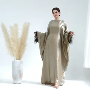 SunnyBaby Islamic Clothing Feather Closed Abayas Women Muslim Dress Turkey Dubai Abaya Modest Dress With Inside Tie Belt