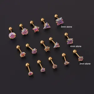 AB color cz stone heart star square round helix cartilage tragus earring lobe ear piercing jewelry stainless steel stud earrings
