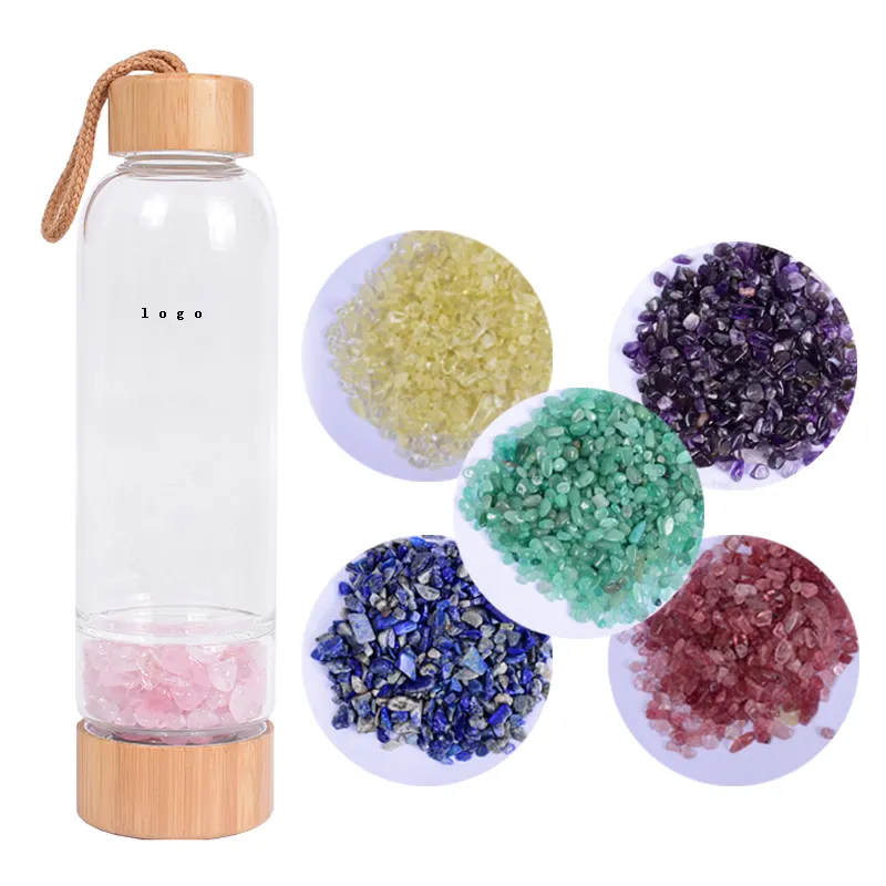 Garrafa de água com logotipo personalizado, garrafa de água natural de cristal de bambu, pedras de cura