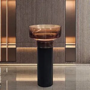 Clear Resin Stone Wash Basin Tea Red Color Round Transparent Sinks Black Column Floor Standing Sink Pedestal Hand Wash Basin