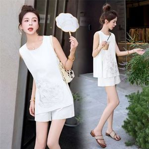Women's Cotton Linen Two Piece Set Sleeveless Top Shorts Navy Blue Embroidered Breathable Casual Summer Outfit - Product Image 3