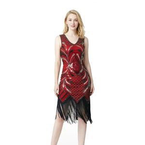 1920s Retro <b>Sequin</b> Beaded Tassel Dress V-Neck Sleeveless Evening Party Dress S-4XL Vintage Handmade - Product Image 1