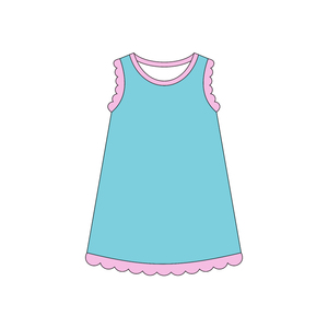 Robe d'été personnalisée pour bébé fille GSD4045, cyan uni, imprimé festonné rose, sans manches, respirante, longueur genou, vente en gros pour enfants - Product Image 1
