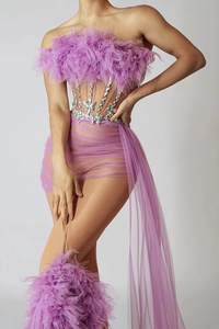 Elegantes durchsichtiges Netz gerüschte Geburtstagsball langes Kleid schulterfrei Oberteil Röcke 2-teiliges Set Damen Abendessen Club Abendkleider - Product Image 4