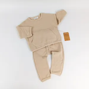 맞춤형 단색 긴 소매 옷 가을 겨울 따뜻한 바지 귀여운 와플 체크 무늬 아기 면 의류 세트