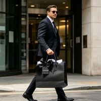 Sacs cadeaux noirs de luxe personnalisables avec ruban et étiquette, en matériaux recyclés, pour la vente au détail haut de gamme de bijoux, vêtements, chaussures et boutiques.