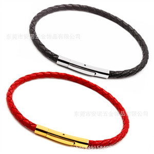 Woven Leather Cord <b>Bracelet</b> 3mm Stainless Steel Snap Clasp <b>Red</b> Black Unisex Jewelry Gift - Product Image 1