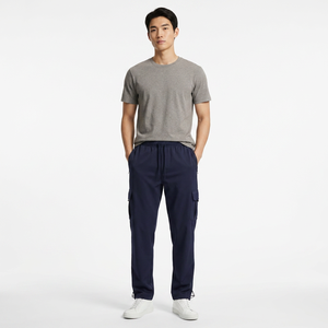 Pantalon de survêtement cargo bleu marine pour homme, taille élastique avec cordon de serrage, plusieurs poches, coupe décontractée ample, tricoté mi-lourd, idéal pour l'automne - Product Image 3