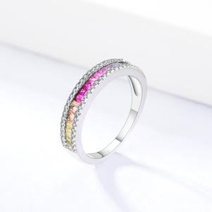 Wholesale 925 Sterling Silver Women Princess Cut Ruby Setting Color Cz Rainbow Cubic Zirconia Band Ring