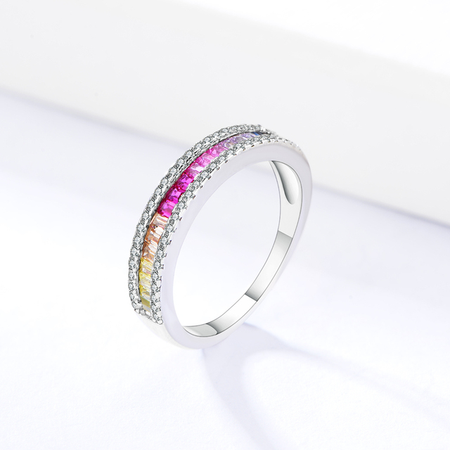 Wholesale 925 Sterling Silver Women Princess Cut Ruby Setting Color Cz Rainbow Cubic Zirconia Band Ring