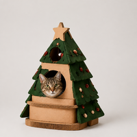 Maison pour chat en carton ondulé, arbre de Noël à trois niveaux avec sommet en étoile et jouets suspendus