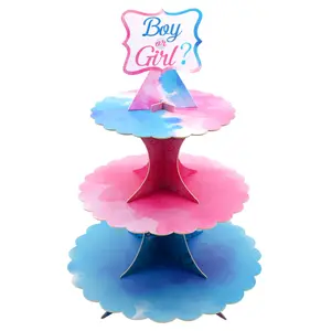 Parti için toptan özel baskı 3 katmanlı yuvarlak kağıt kek standı Babyshower doğum günü Cupcake standı