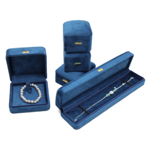 Wholesale Luxury Personalized Custom Logo Necklace Bracelet Earrings Ring Packaging Rectangle Velvet Blue Suede Gold Buckle - Product Image 6