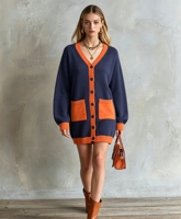 Cardigan en tricot élégant pour femme, style vintage, color block, respirant, col en V, boutonné, coupe oversize, long, avec poches, personnalisable