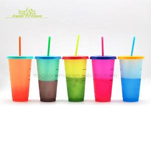 أكواب عصير قهوة بلاستيكية 24 أونصة مخصصة الأكثر مبيعاً حساسة لدرجة الحرارة لتغيير اللون بهلوان مع غطاء وقش - Product Image 1